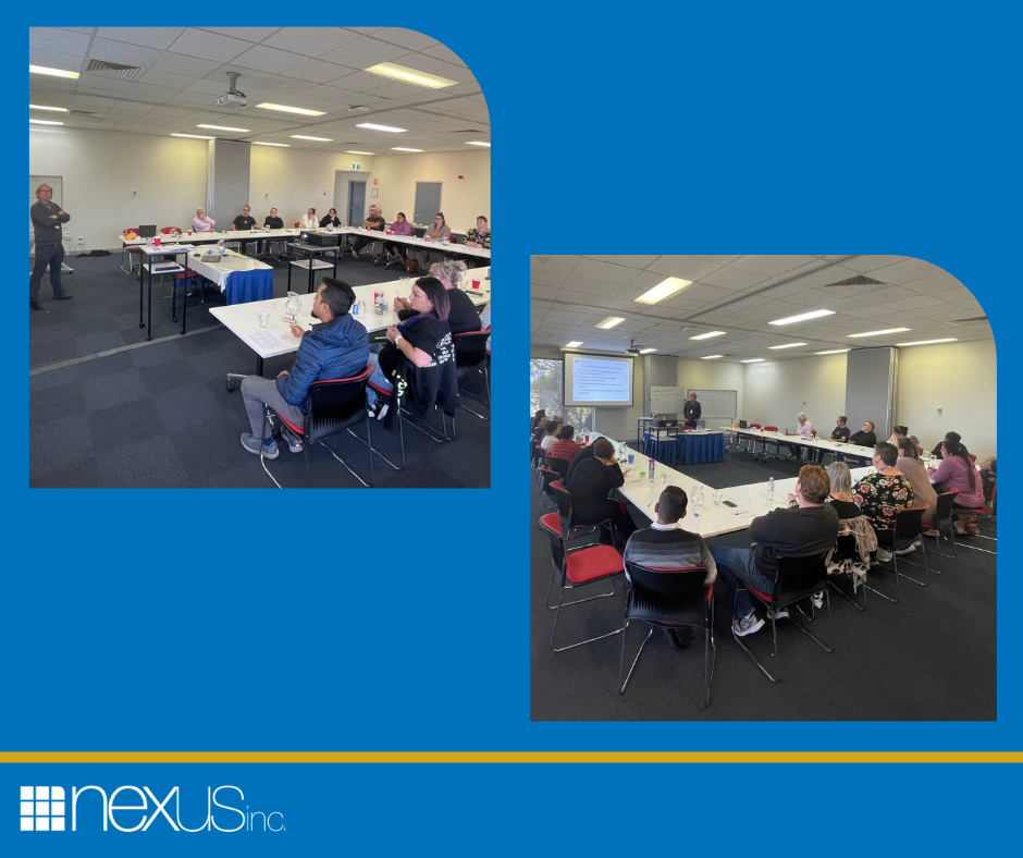 Two images of Nexus staff sitting around a U Shape table listening to presenters standing in front of a projector screen.